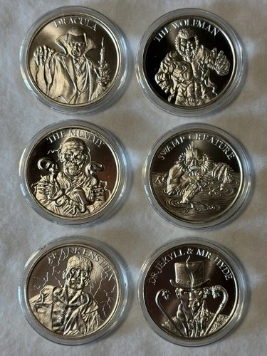 6-1oz Each Of The Horror Series .999 Fine Silver Rounds. Proofs