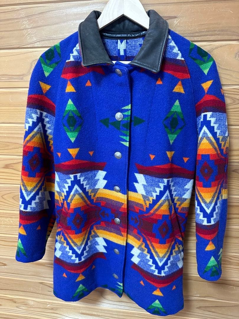 RUGGED Native Pattern Wool Coat Leather Collar Ge… - image 1