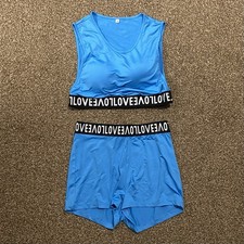 Blue 2 piece athletic crop top shorts set featuring a Love print on waist Large