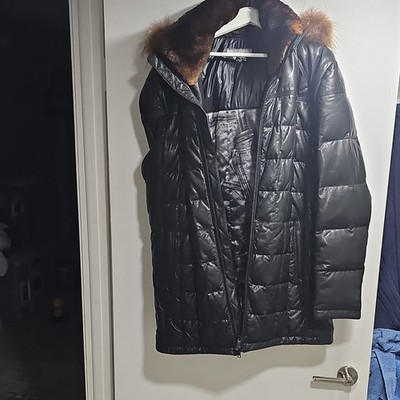Meucci Black Leather Fur Trim Quilted Zip Puffer Jacket Long Men's 54
