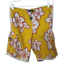 Abercrombie Y2K Men  s Hibiscus Swim Trunks Board Shorts Size L Yellow White