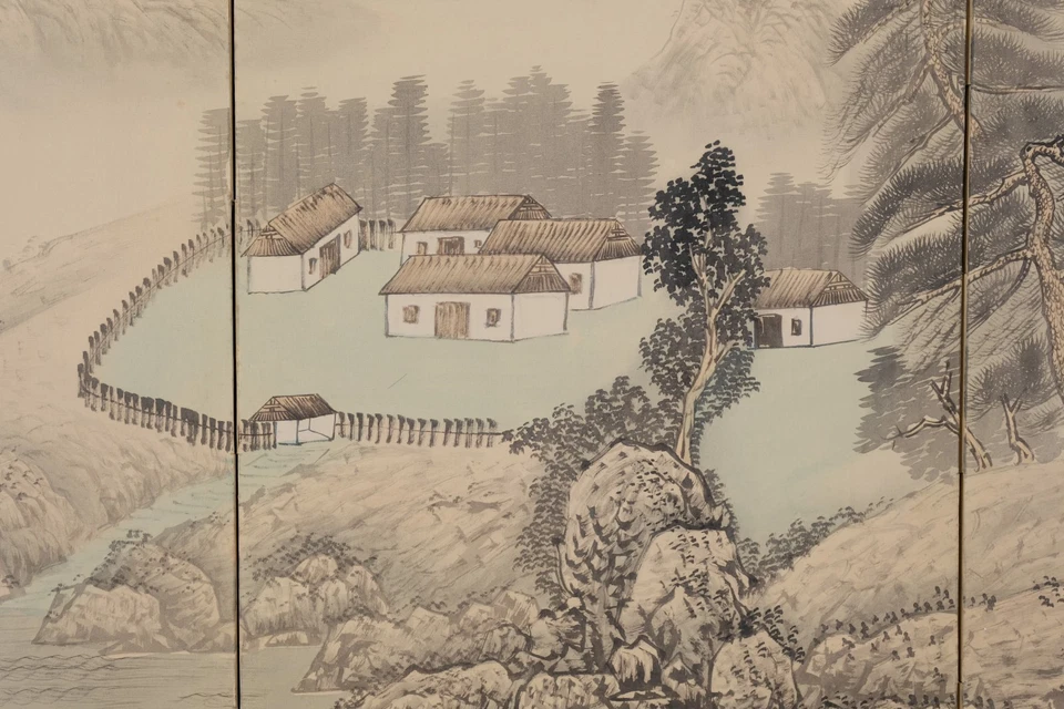Japanese Byobu Small Mountain Village Near Lake 4-Panel Folding Screen Excellent - Image 2 of 4