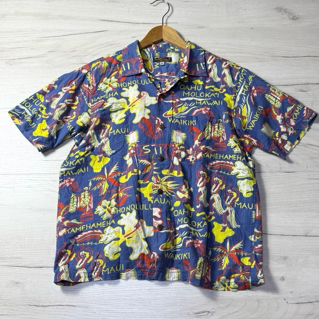 SUN SURF Hawaiian Print Aloha Shirt Blue Cotton Linen Size M Used