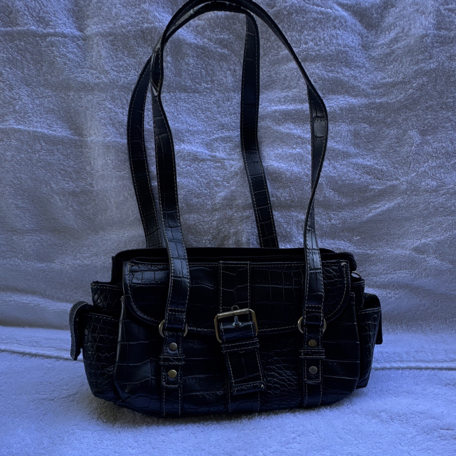 Rosetti Black Croc Embossed Shoulder Bag, Zip Closure, Gold Hardware, Charm