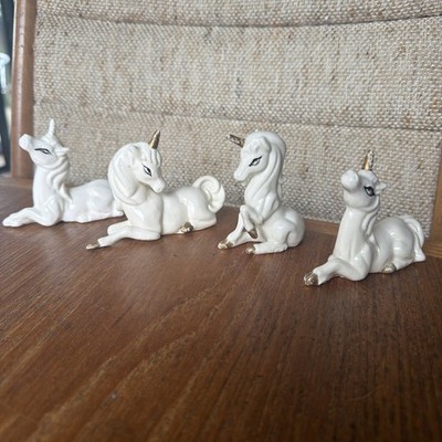 1980s ENESCO WHITE PORCELAIN UNICORNS WITH GOLD HORNS VINTAGE 4 Set Lot Japan