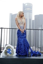 Blue Silver Sequin Mesh Mermaid Formal Gown V-Neck Backless Embroidered Beaded