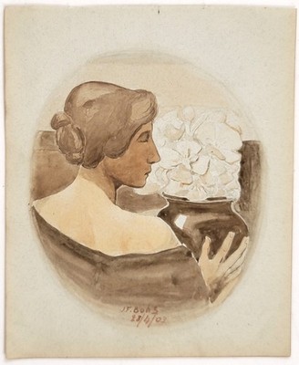 1903 Art Nouveau Woman w Lilies Original Watercolor Signed Album Art