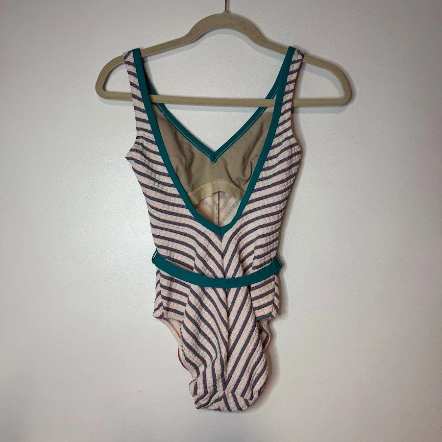 Traje de baño vintage Robby Len estampado a rayas corte alto cinturón años 50 60 70 talla 9/10 Foto 4 de 4