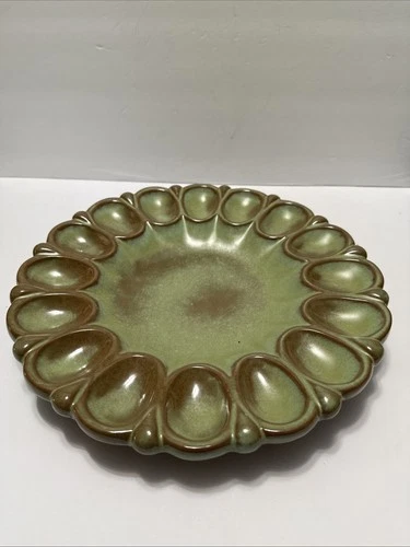 Vintage Frankoma 819 Pottery Deviled Egg Plate Platter 16-Egg Plainsman Green