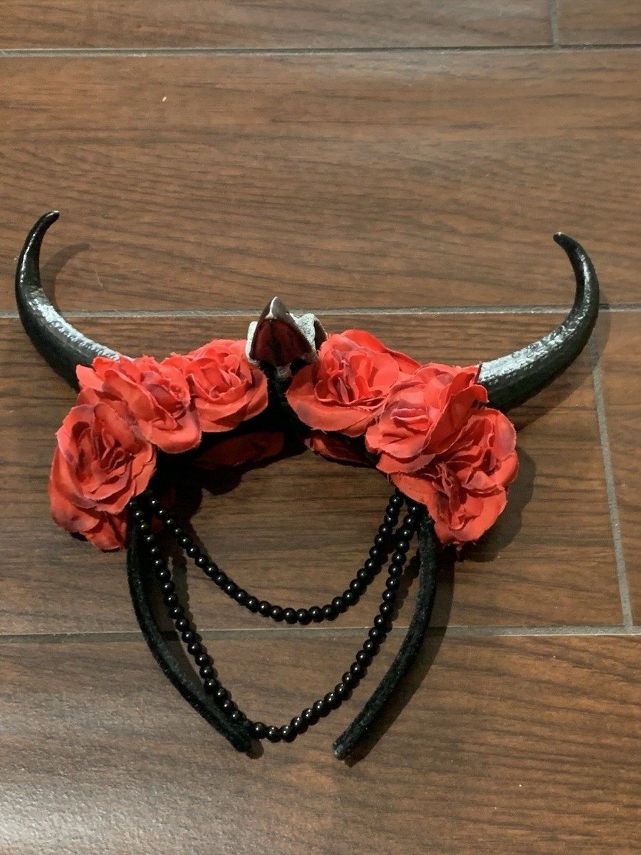 Gothic Demon Black Long Horn  Beads Head Piece Halloween Women Costume Headgear View 2