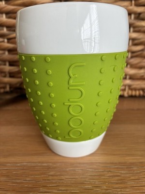 1 BODUM Pavina 12oz White Porcelain Cup Green Dotted Silicone Grip 4.5'' Tall EUC