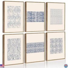 Mid-Century Boho Geometric Wall Art Set 6pcs Framed Canvas 8"x10" Blue White