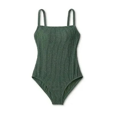 Kona Sol Women's Textured Pucker Square Neck Full Coverage Swimsuit Green M 8-10