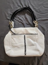 Authentic orYANY White Pebbled Leather Handbag Shoulder Bag Black Braided Stitch