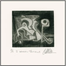 A 2 WHEEL TRICYCLE BICYCLE Original Clever Abstract Modernist MEZZOTINT Signed