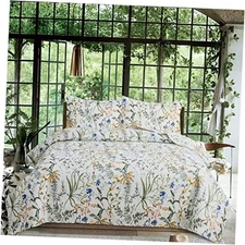 3-Piece Quilt Set Size Floral Bedding King Yellow Floral Green Leaves