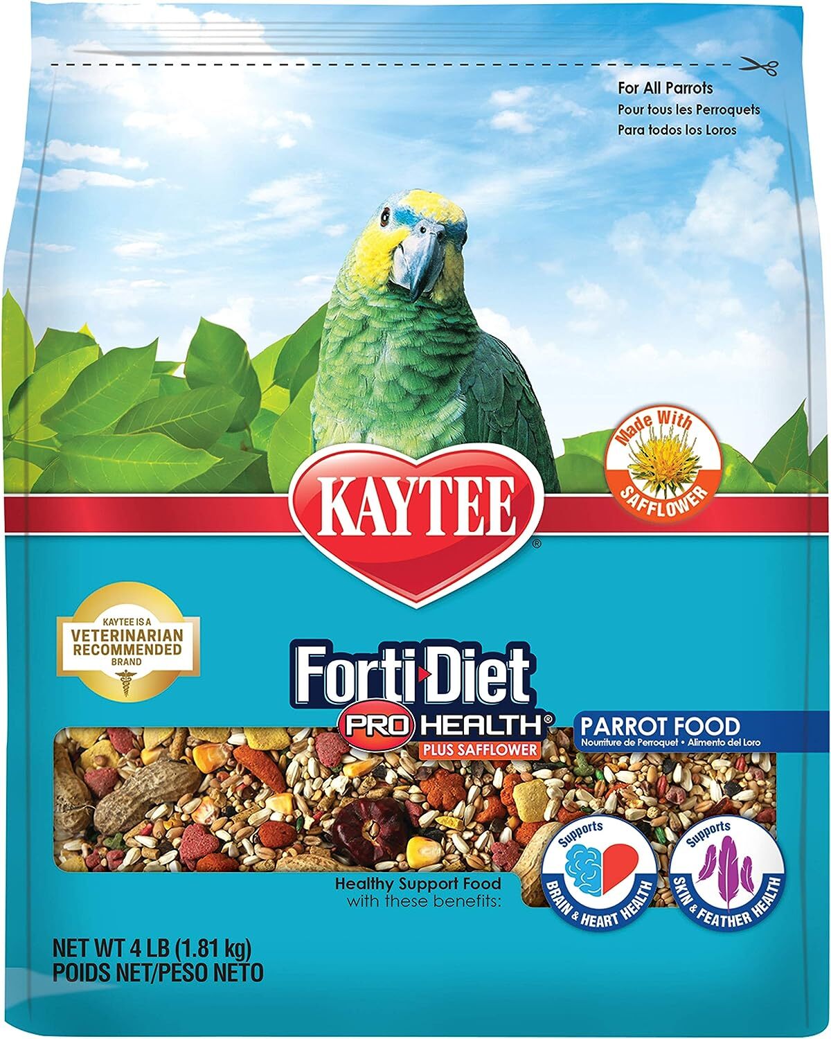 Kaytee Forti-Diet Pro Health Parrot Food with Safflower 4LB Bird Seed, Bird Food