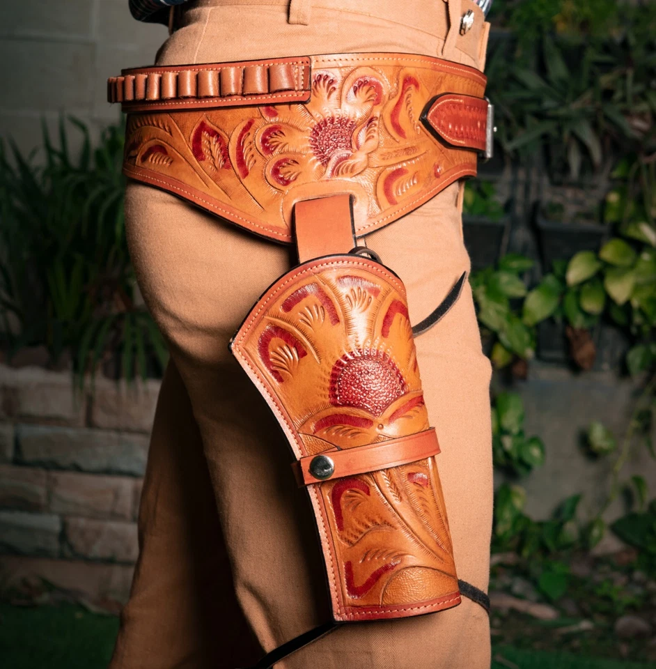 LEATHER WESTERN .22CAL RIGHT HAND TOOLED HOLSTER RIG DROP LOOP SASS GUN BELT - Image 2 of 4