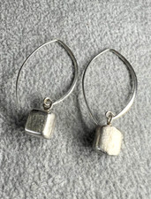 925 Sterling silver dangle earrings long ear wire brushed silver cube charm