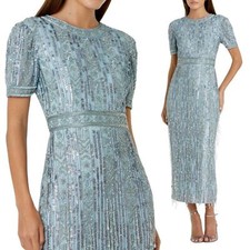 Mac Duggal 5980 Size 2 Light Blue High Neck Short Sleeve Fringe Column Dress