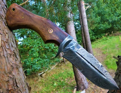 Jagdmesser Damastmesser scharf mit Holzgriff und Lederscheide Damastklinge (FH01