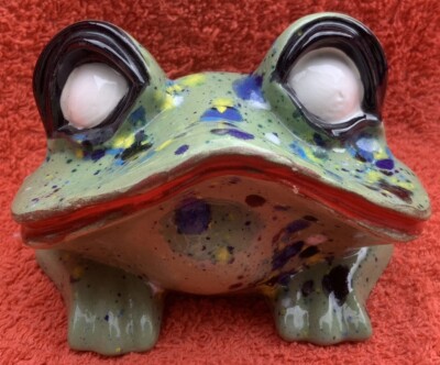 Vintage Arnel's Keramik Wide Mouth Frosch Figur grün gelb blau