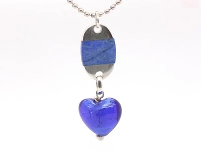 Argent Massif Grand Naturel Lapis Lazuli & Verre Dichroïque Pendentif - Photo 1/4