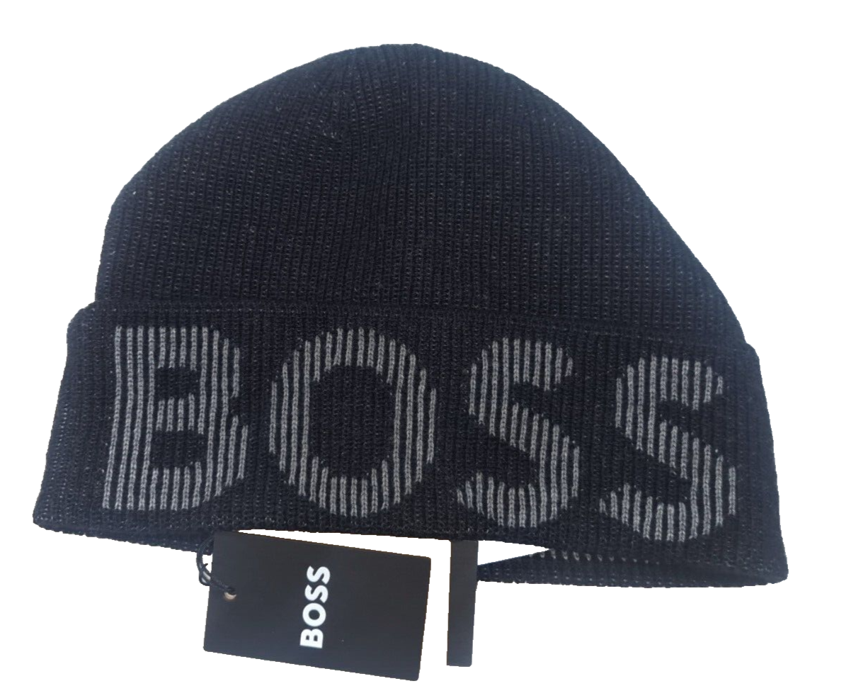 HUGO BOSS LAMICO BEANIE HAT BLACK ONE SIZE COTTON WOOL MIX