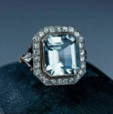 Emerald Cut Aquamarine 3.10 CT Women's Wedding Gorgeous Argentium Silver Ring