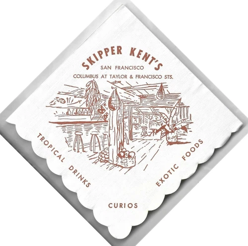 Ca 1950s Skipper Kent Tiki Zombie Cocktail bar Napkin San Francisco North Beach
