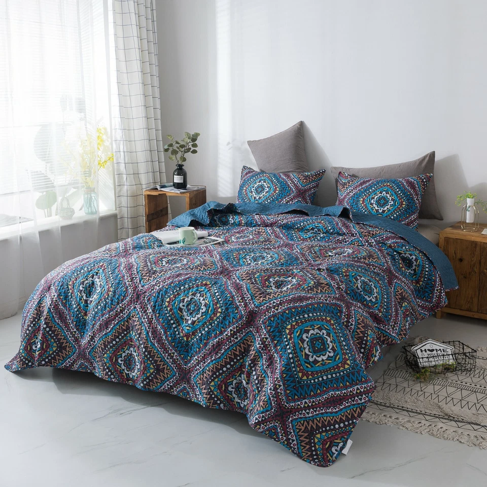 DaDa Bedding Bohemian Native Rustic Navy Blue Geometric Diamond Bedspread Set - Image 2 of 4