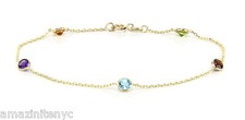 14K Yellow Gold Anklet Bracelet With Round Gemstones 9 Inches
