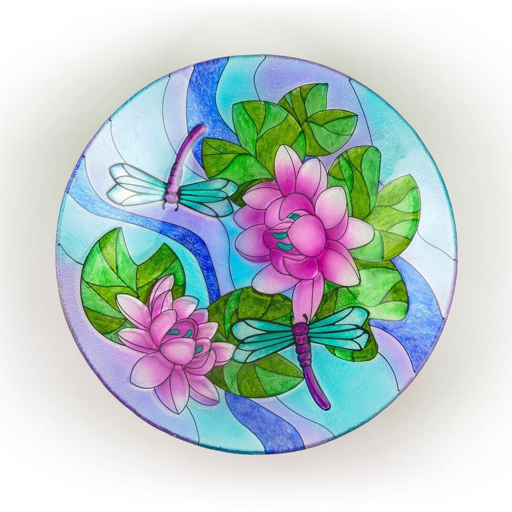 18-inch Glass Birdbath Topper with Purple Dragonfly Design  