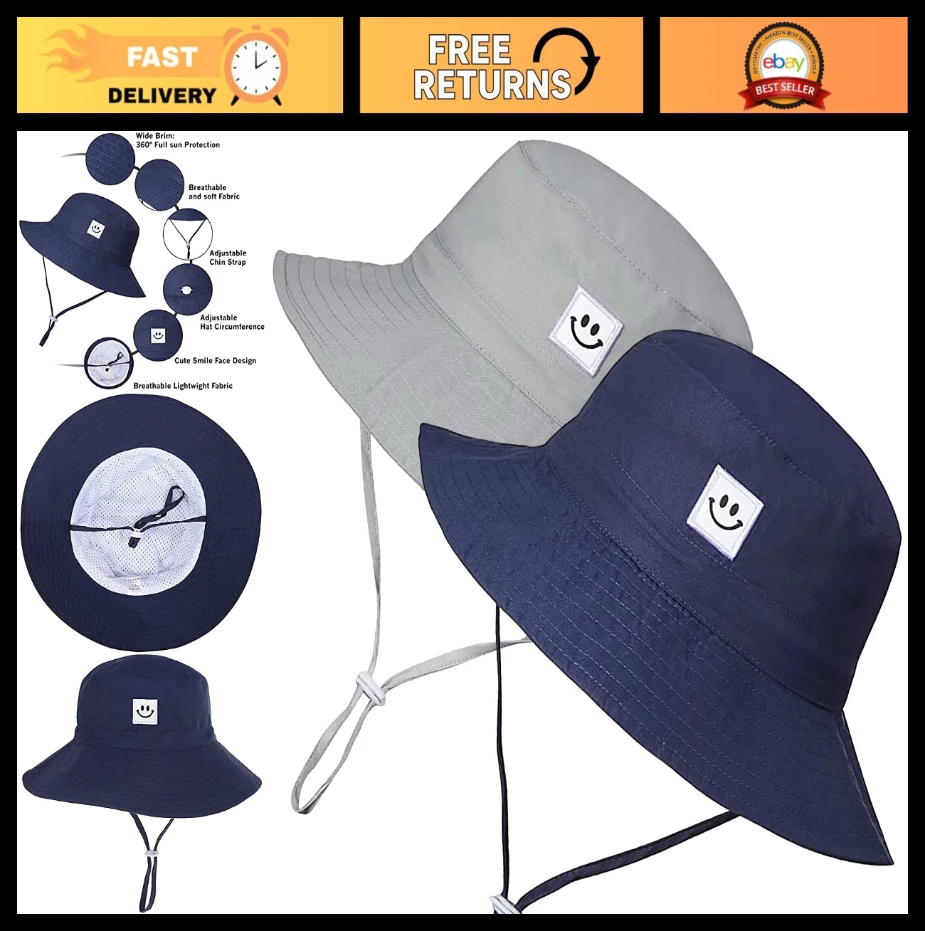 UPF 50+ Baby Toddler Sun Hat - Wide Brim Bucket Hat for Beach & Outdoors, Adjust