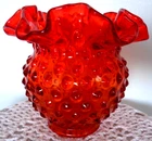 Fenton Hobnail Red Orange Persimmon Glass Round Ruffled Rose Vase 1960's 4.5 x 5