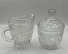Vintage Anchor Hocking Wexford Cut Crystal Glass Sugar Bowl Lid and Creamer 5.5”
