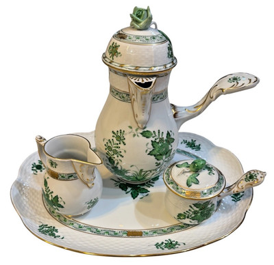 HEREND HANDPAINTED CHINESE BOUQUET GREEN APPONYI AV TEA COFFEE SET RARE SHAPE