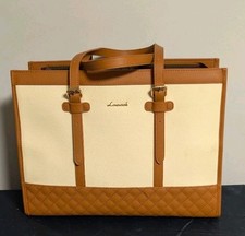 LOVEVOOK Laptop Tote Bag 15.6 Inch Beige Canvas with Brown Leather Trim