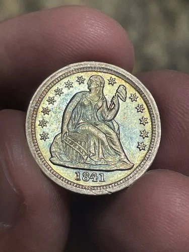 Rainow Toned 1841 Seated Liberty Dime Looks BU RARE