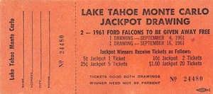 Lake Tahoe Monte Carlo Casino - Vintage Jackpot Drawing Ticket