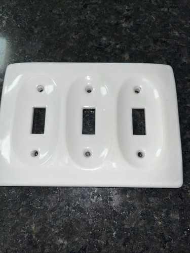 Vintage White Ceramic Triple Toggle Light Switch Cover Plate - MCM Porcelain