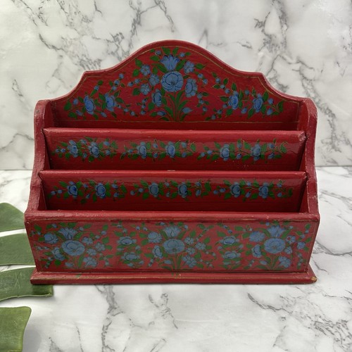 Vintage 90s Mail File Organizer Red Blue Floral Painted Wood India Desk Office