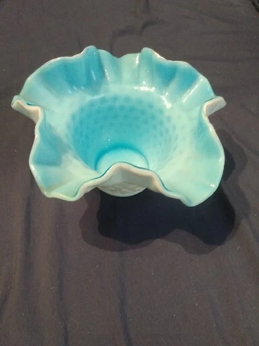 Milk Glass Light Blue Overlay Hobnail Ruffled Edges Candy Dish Vintage