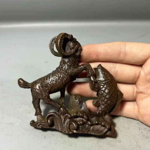 Rare Bronze Handmade Sheep Pk Fish Figure Statue Netsuke Collect Table Decor