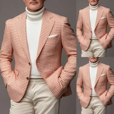 Pink Houndstooth Men Blazer Business Coat Prom Check Casual Jackets Party Tuxedo