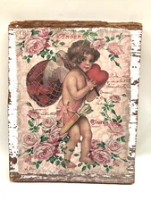 Primitive Style Valentine Cupid Scene On Reclaimed Barn Wood Roses Hearts Arrows