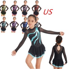 Girls Figure Ice Skating Dress Rhinestone Long Sleeve Latin Dance Show Costume