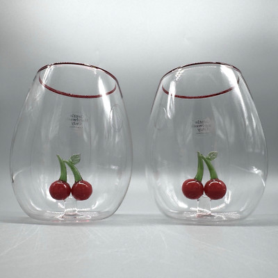 Red Floating Cherries Cherry Stemless Wine Glass Set of 2 Red Trim 5  NEW
