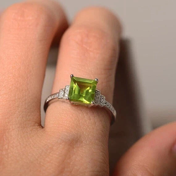 Anel de Dia dos Namorados com peridoto natural e diamante 1,65 quilates ouro branco real 14K sólido - Imagem 3 de 4