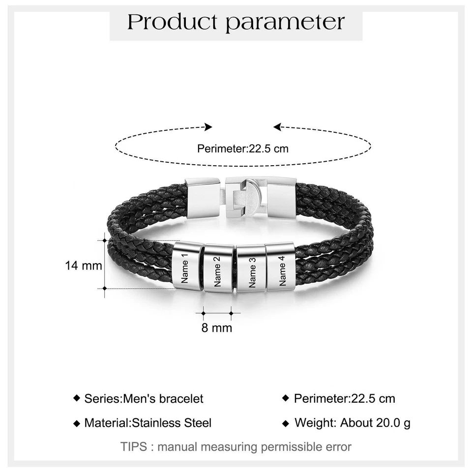 Pulseras de cuero con nombre grabado personalizado para hombre cumpleaños día del padre regalo Foto 3 de 4
